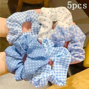 5 Fabric Woman’s Hair Scrunchies Blue & White Polka Dots Checks Flowers